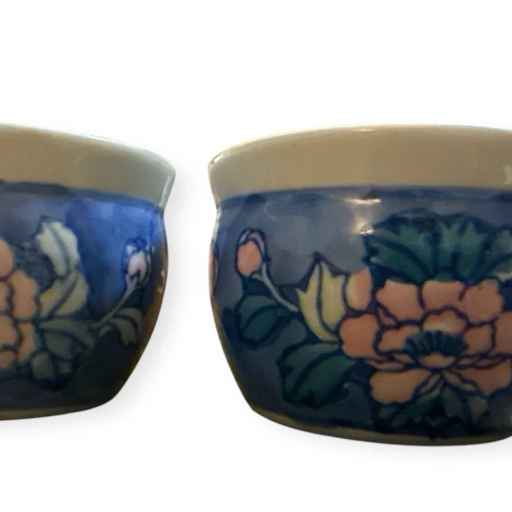 Vintage Antique Handcrafted Blue & Pink‎ Glazed Porcelain Tea Cup Set